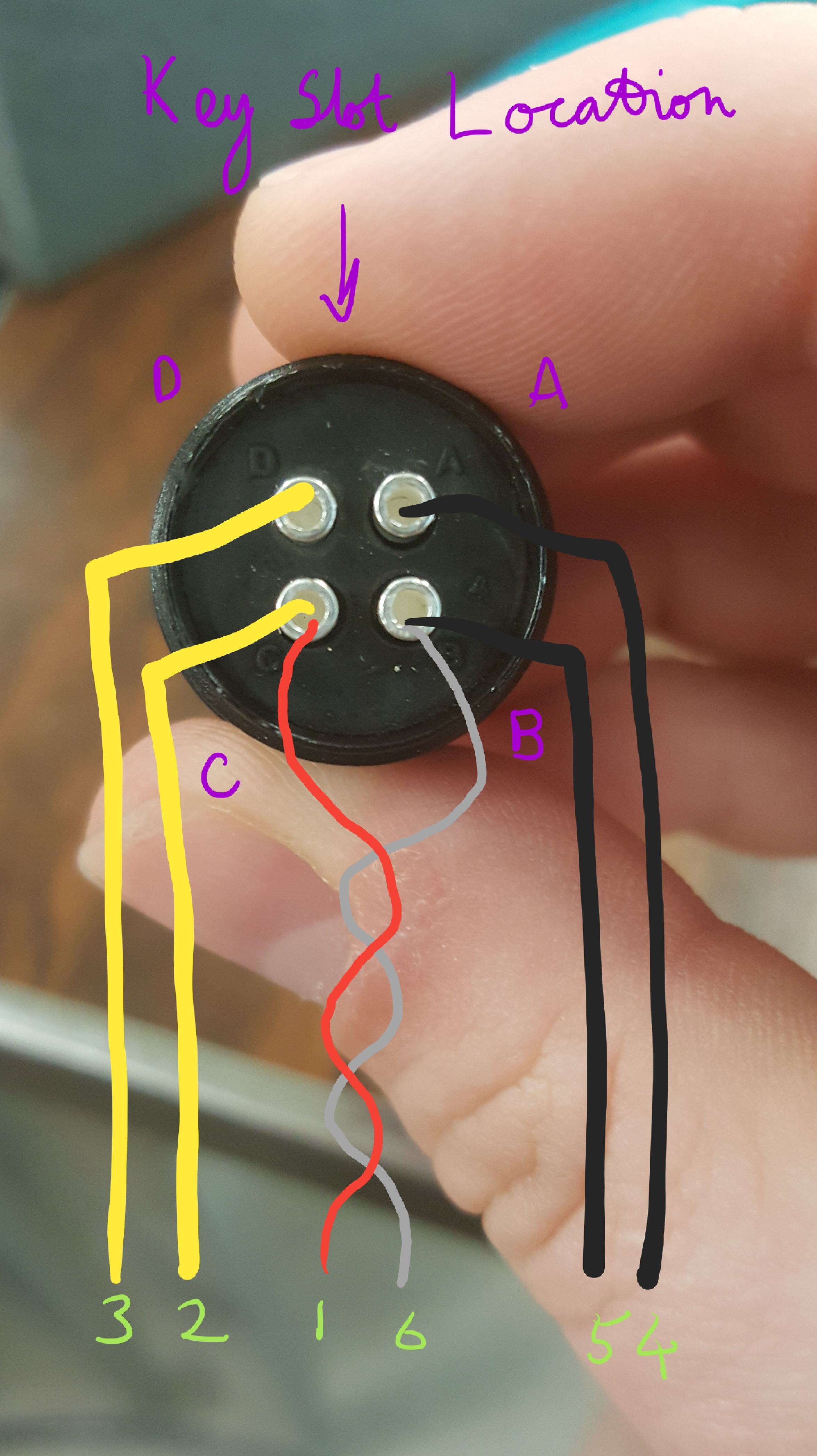 Recommended wiring on the observatory power plug side for a 6 or 7 conductor cable (twisted pair will most likely not be present in off-the-shelf cables) Conductors 1 and 6 will need to be soldered to the side of C and B if thick conductors are used. The transition from insulated wire to contact needs to be covered by heat shrink to prevent short circuits if the cable subject to twisting torques.
